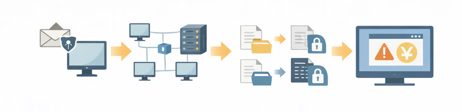 侵入 → 内部展開 → 暗号化 → 要求、という流れ