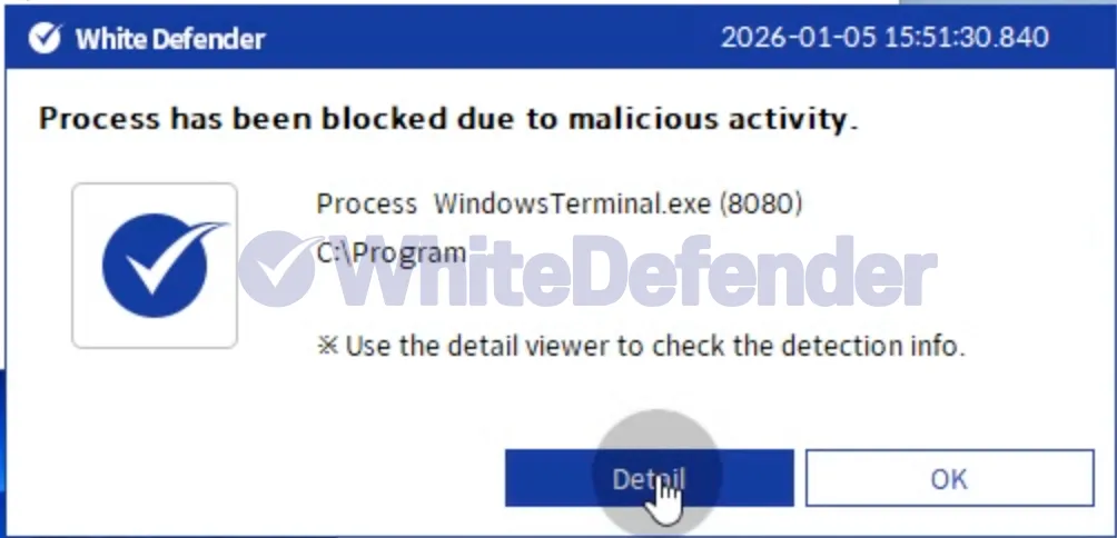 悪意あるアクティビティを検出してプロセスをブロックしたことを通知するWhiteDefenderのセキュリティ警告ポップアップ通知画面