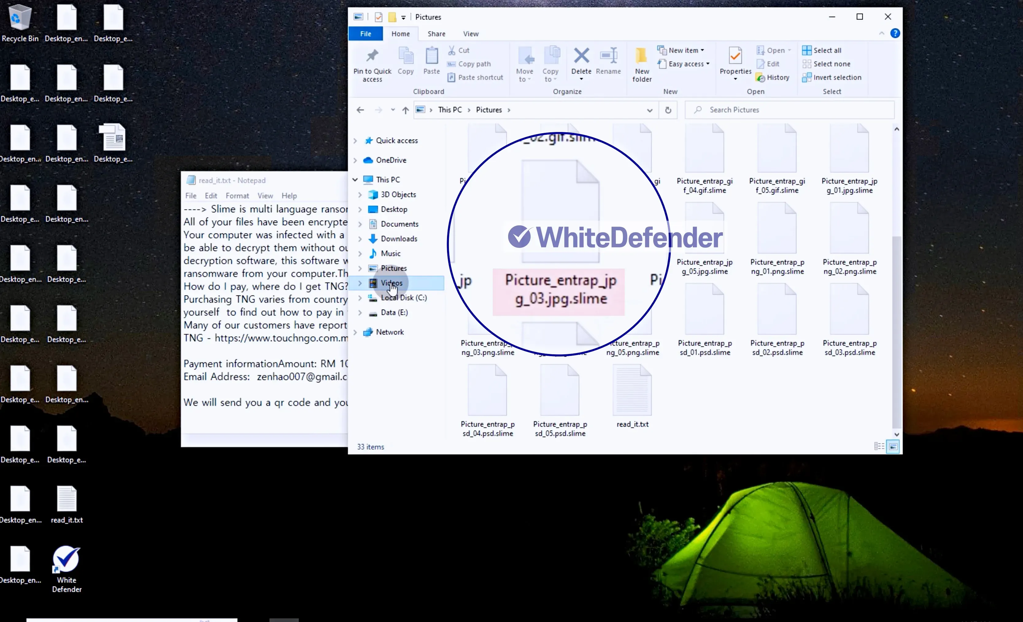 Slimeランサムウェア感染後のファイル拡張子変更事例。重要なファイルが.slimeに変わり、アクセスできなくなっている状態です。