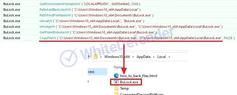 BuLockランサムウェアが%AppData%\Localディレクトリへ自身をコピーし、生成されたファイルの動的情報を表示した画面
