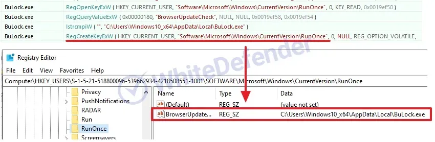 BuLockランサムウェアがユーザーのスタートアップレジストリに永続化のために自身を登録する動的コードと、実際に登録されたレジストリ値を示す画面