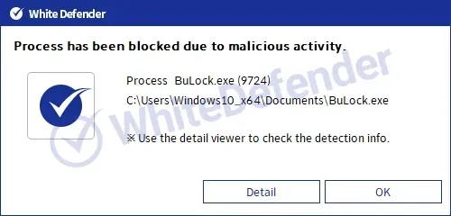 WhiteDefender Detect Viewerに表示された、BuLockランサムウェアのRansomware Behavior-Detect検知ログと、Execution Block、Quarantine、Restoreの処理記録