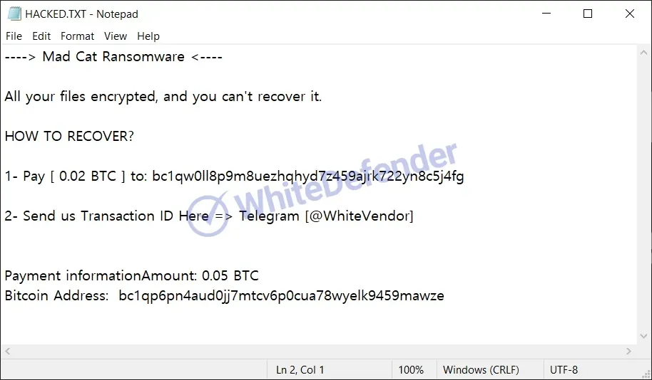 「HACKED.TXT」ランサムノートの画面。身代金支払いの指示と攻撃者の連絡先が記載されている。