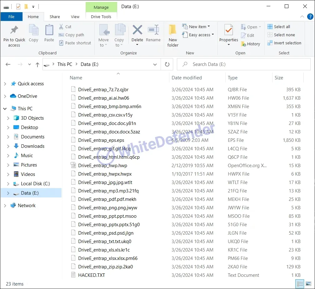 ランサムウェア感染後のファイルリスト。多くのファイルがランダムな拡張子で暗号化されている。