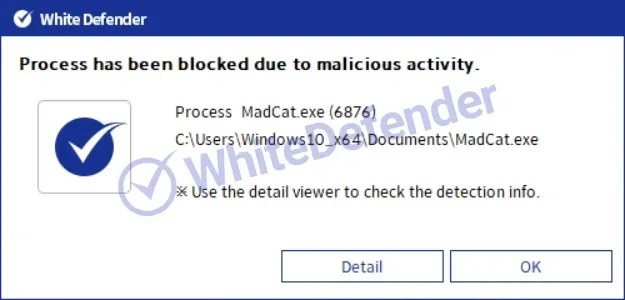 セキュリティ製品によるプロセス遮断通知ポップアップ。『MadCat.exe』による悪意のある活動がブロックされたことを示す。