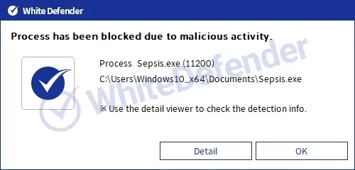 Sepsis.exeの悪意ある活動を検知しブロックした際のアラートポップアップ