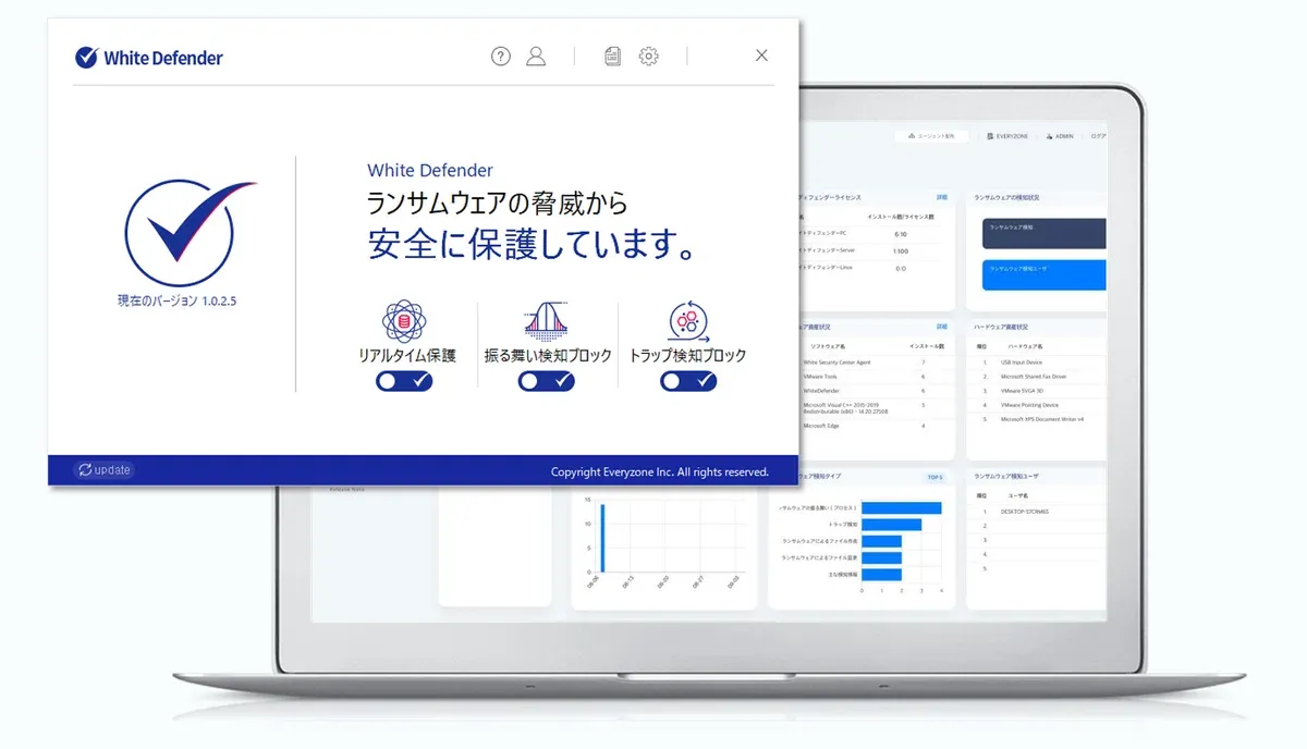 一元管理が可能なWhiteDefenderの画面とクラウド管理コンソールのイメージ